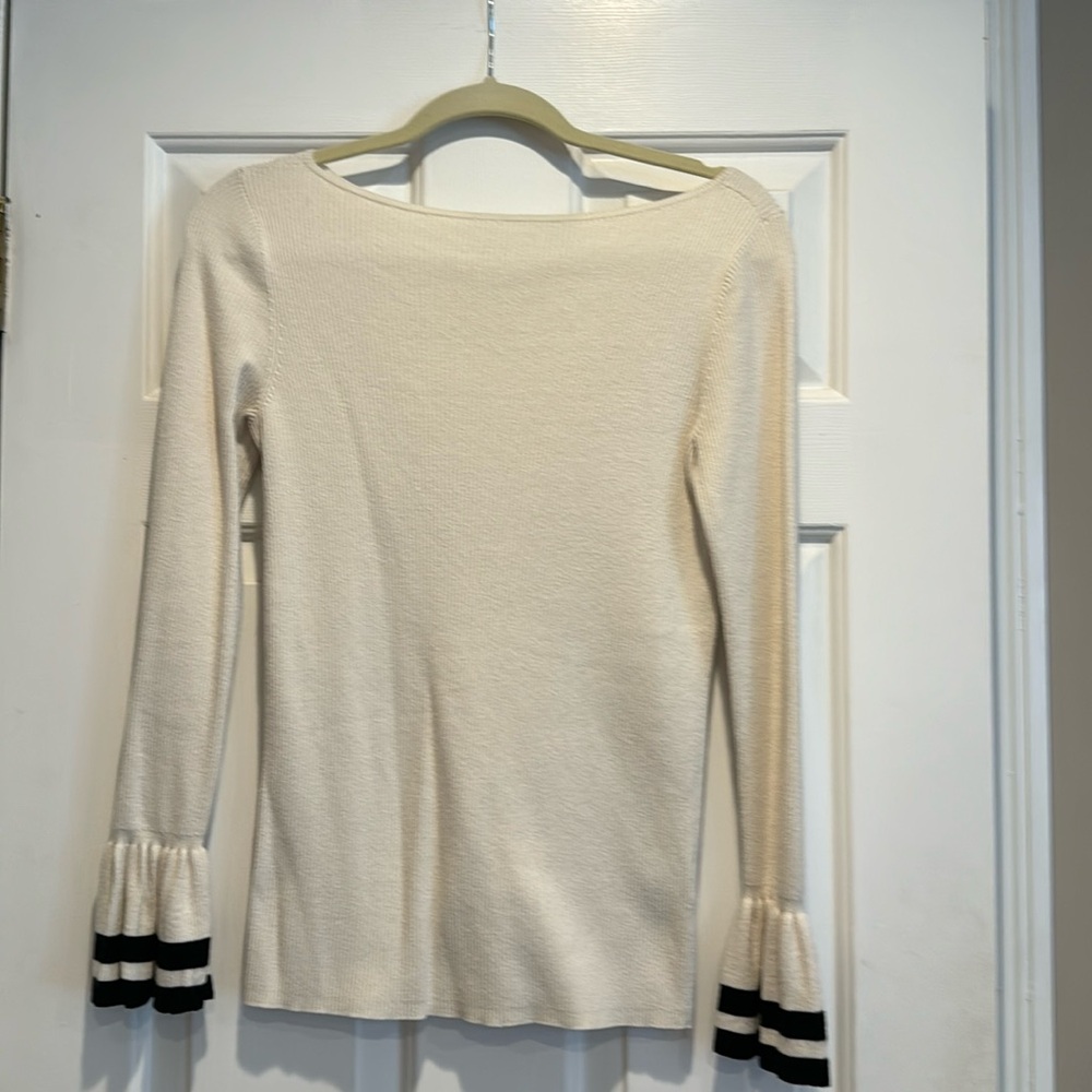 Ralph Lauren Sweater. Cream with black stripe ruffled cuff. Sz M. Sharp.